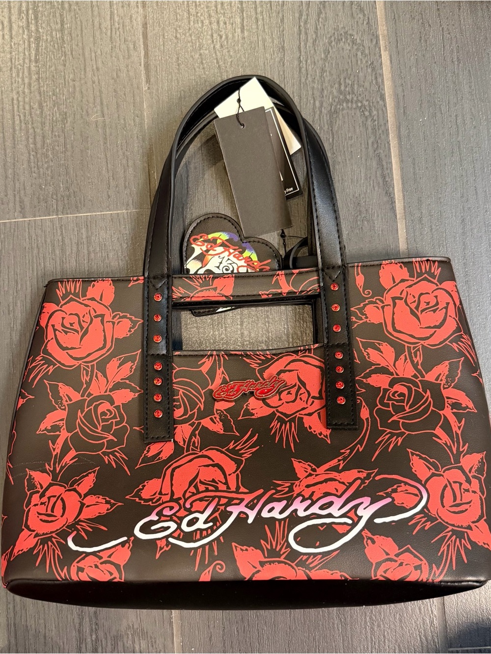 Ed Hardy Black & Red Rose Skull Tote with Stud Accents - Picture 8 of 8